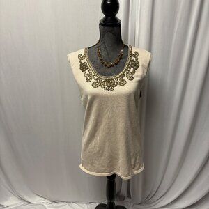 Cyrus Beige Embellished Sleeveless Knit Top Womens Size Medium Beaded Scoop Neck